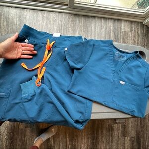 Figs Teal Scrub Set with Orange Accents